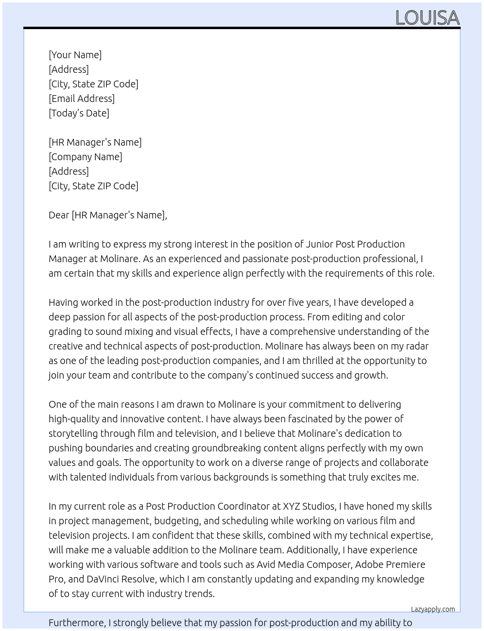 Junior Post Production Manager At Molinare Cover Letter