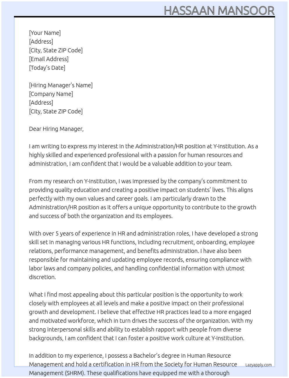 Administration/HR At Y-Institution Cover Letter