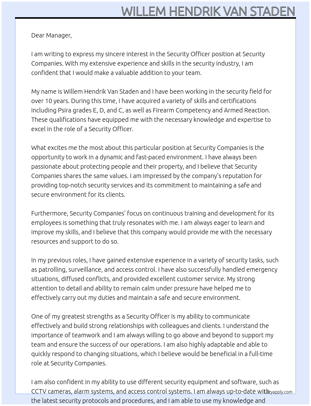 Security officer At Security companies Cover Letter