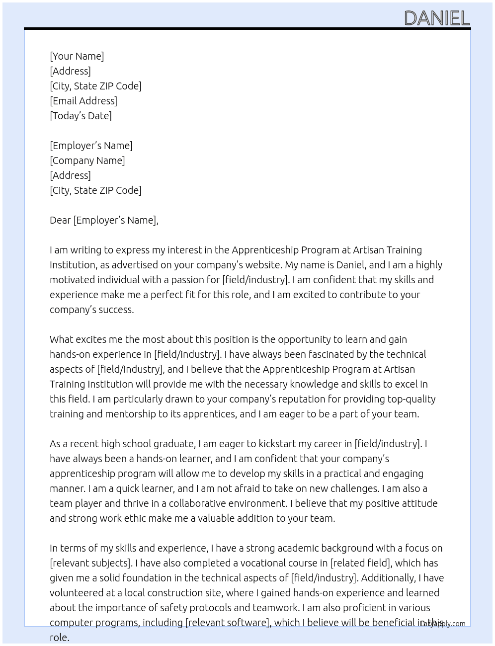 Apprenticeship program  At Artisan Training Institution  Cover Letter
