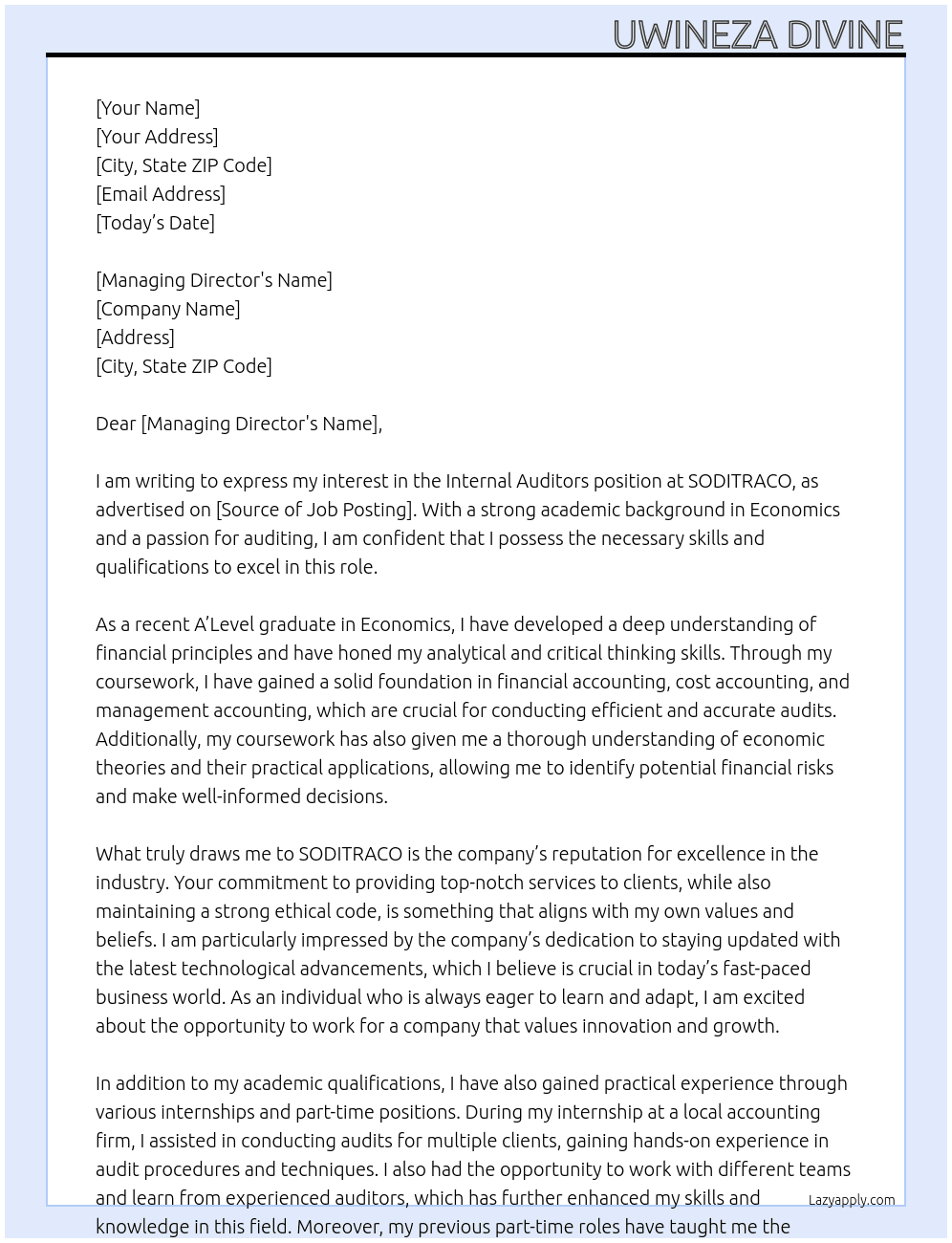 INTERNAL AUDITORS At SODITRACO Cover Letter