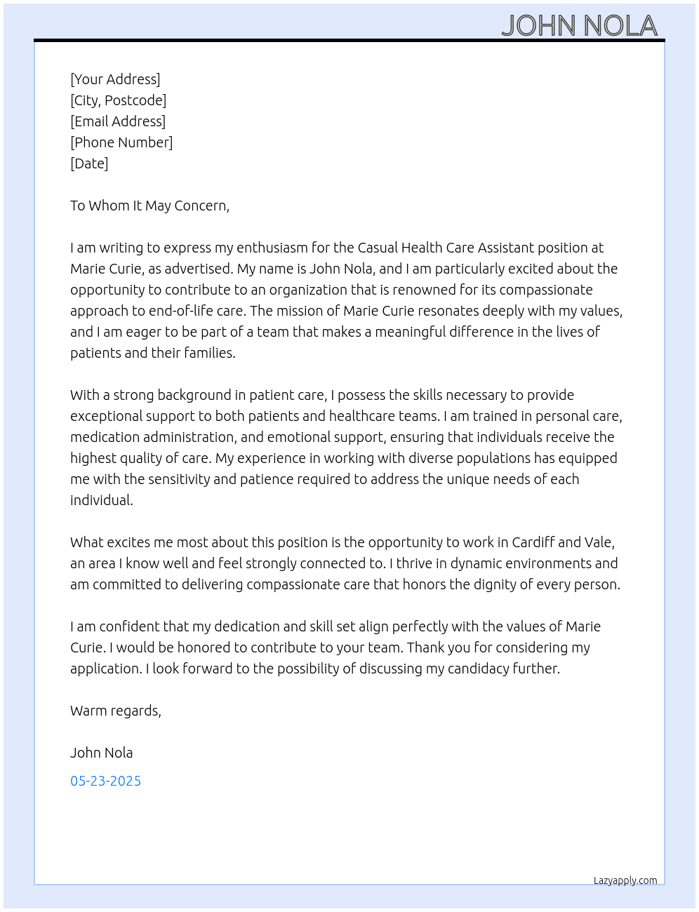 Health care assistant At Marie Curie Cover Letter