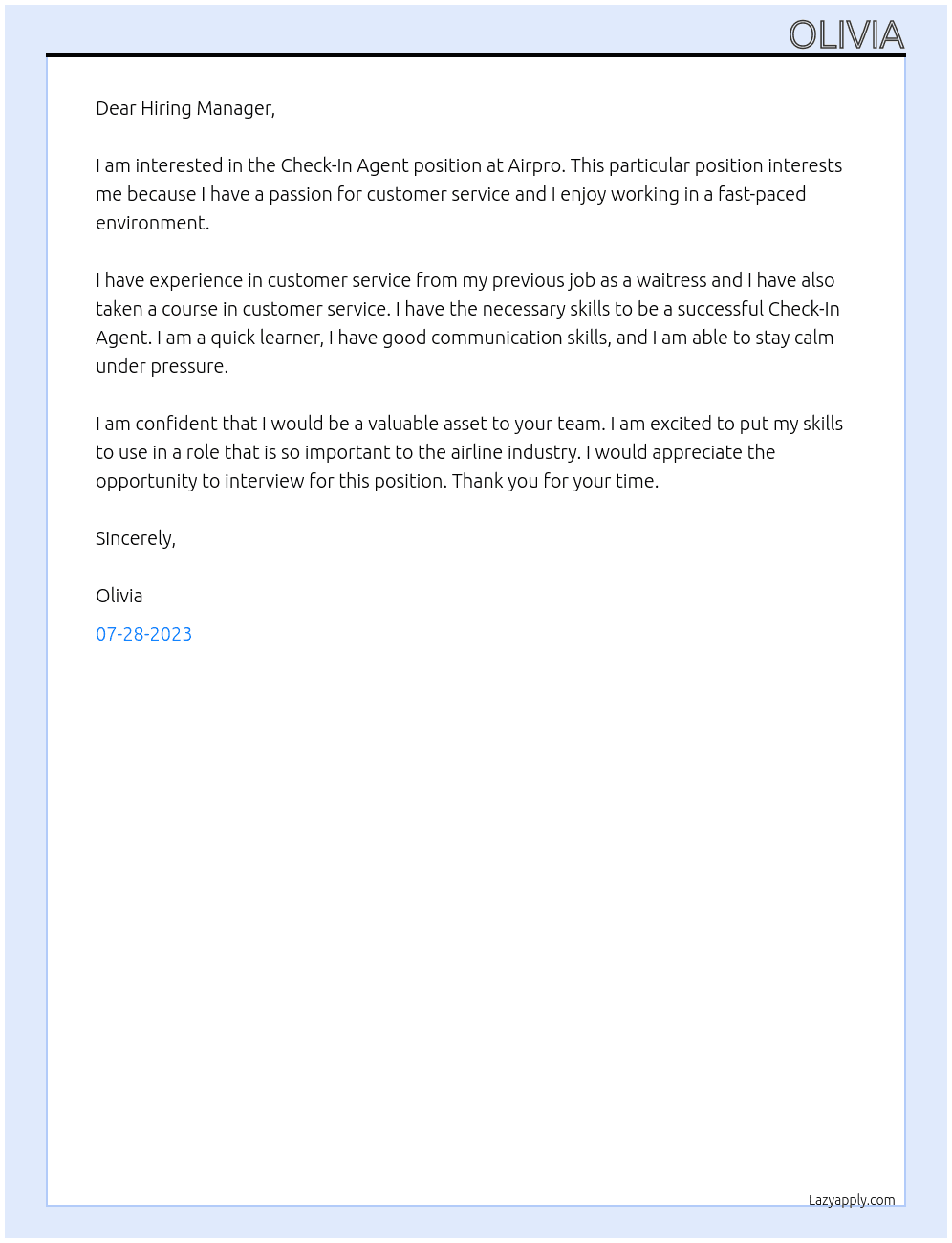 Check-In agnet At Airpro Cover Letter