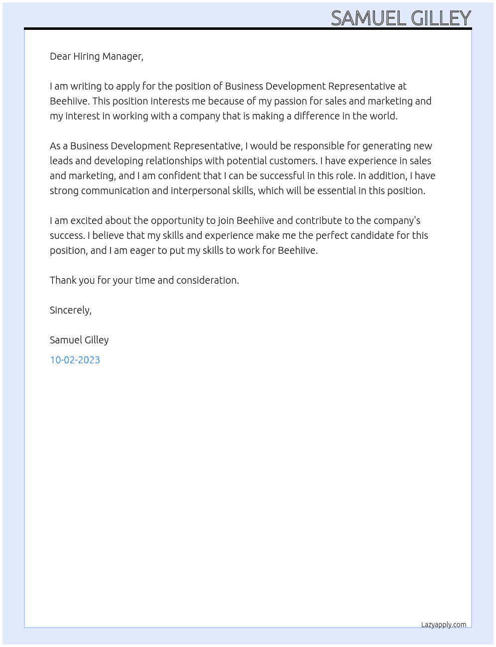 Business Development Representative  At Beehiive Cover Letter