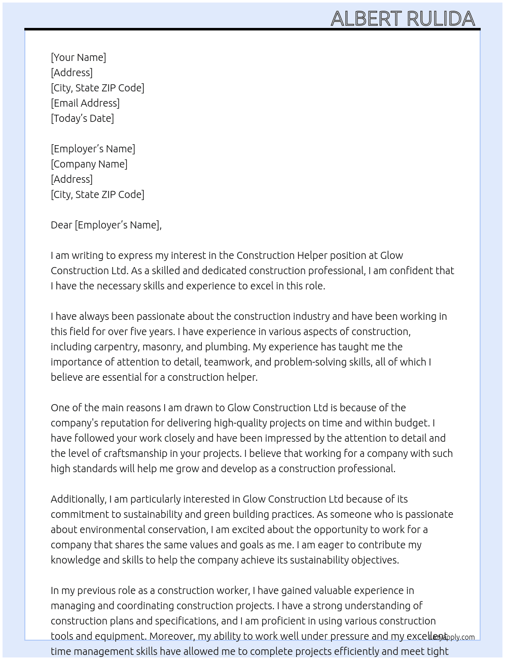 construction At construction helper Cover Letter