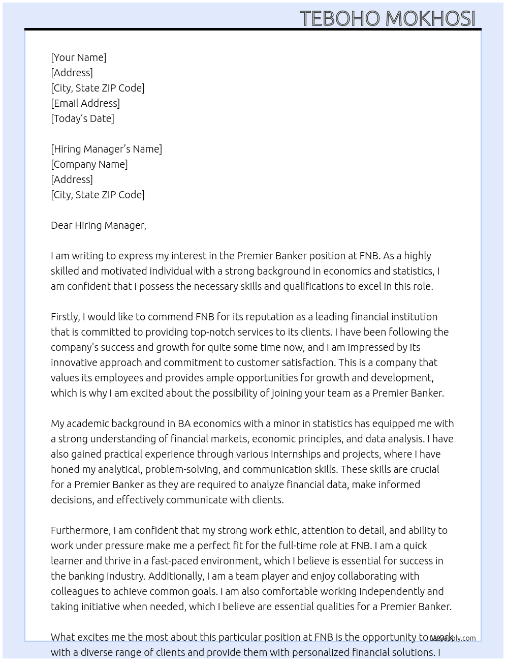 Premier Banker At FNB Cover Letter