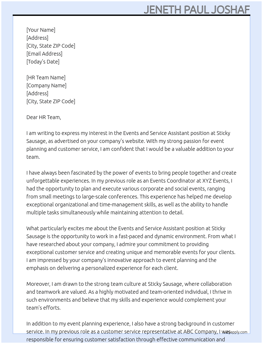 Events and service assistant  At Sticky sausage  Cover Letter