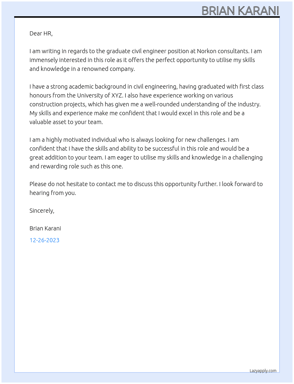 Graduate civil engineer At Norkon consultants Cover Letter