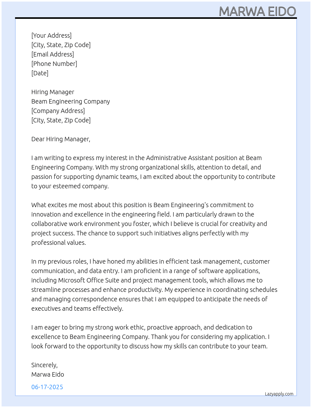 administrative assistant At beam engineering company Cover Letter