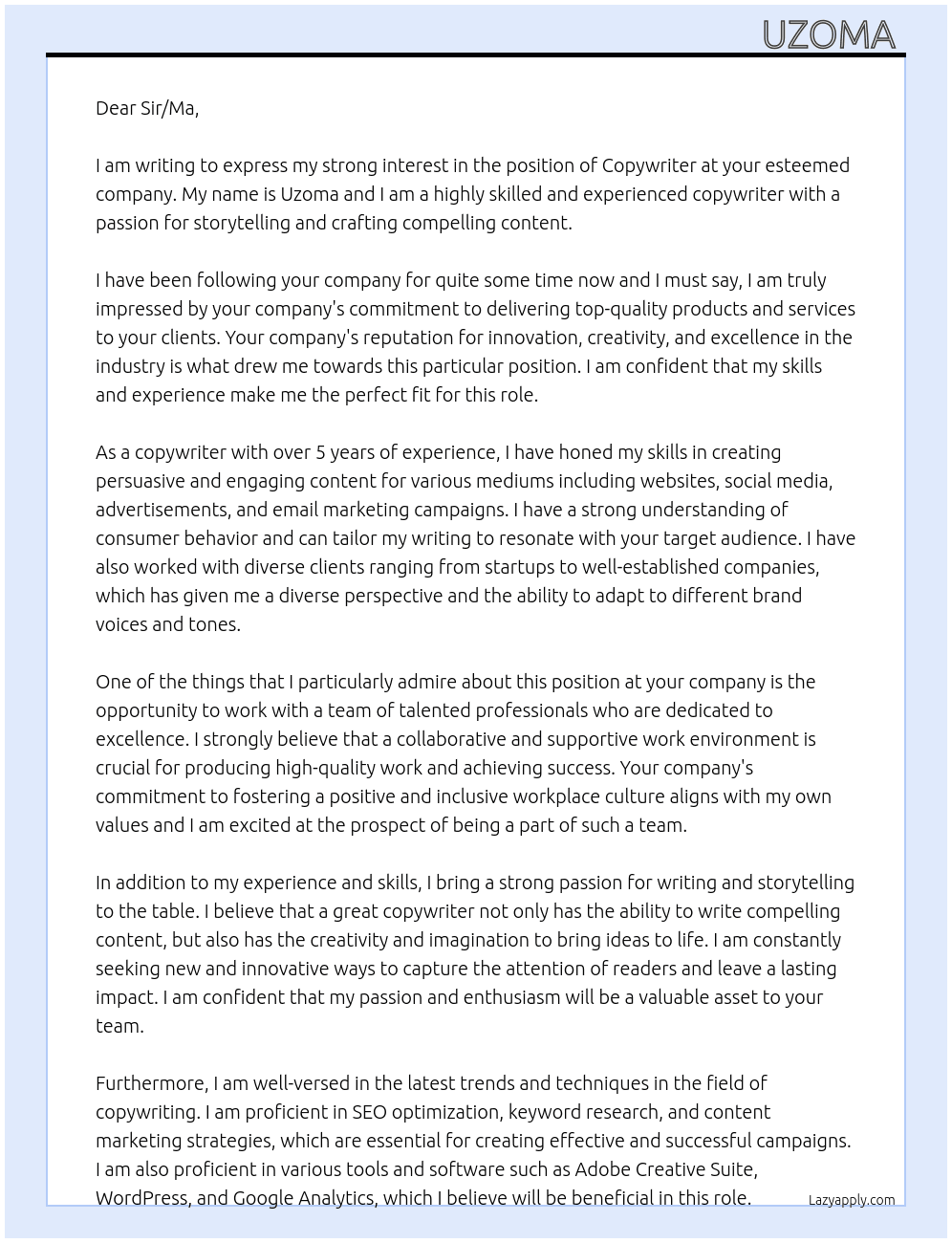 Copywriter  At Dear sir/ma Cover Letter