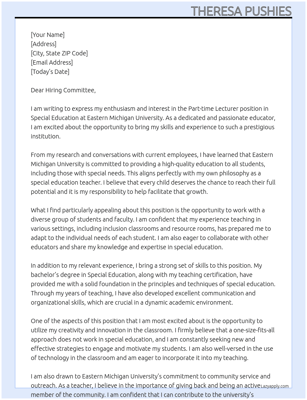 Part-time Lecturer: Special Education At Eastern Michigan University Cover Letter