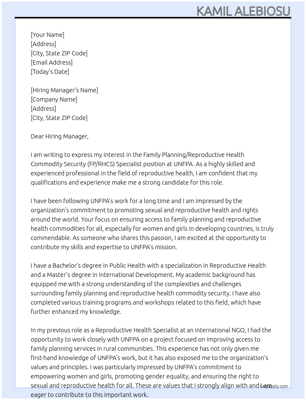 Family Planning/Reproductive Health Commodity Security (FP/RHCS) Specialist At UNFPA Cover Letter