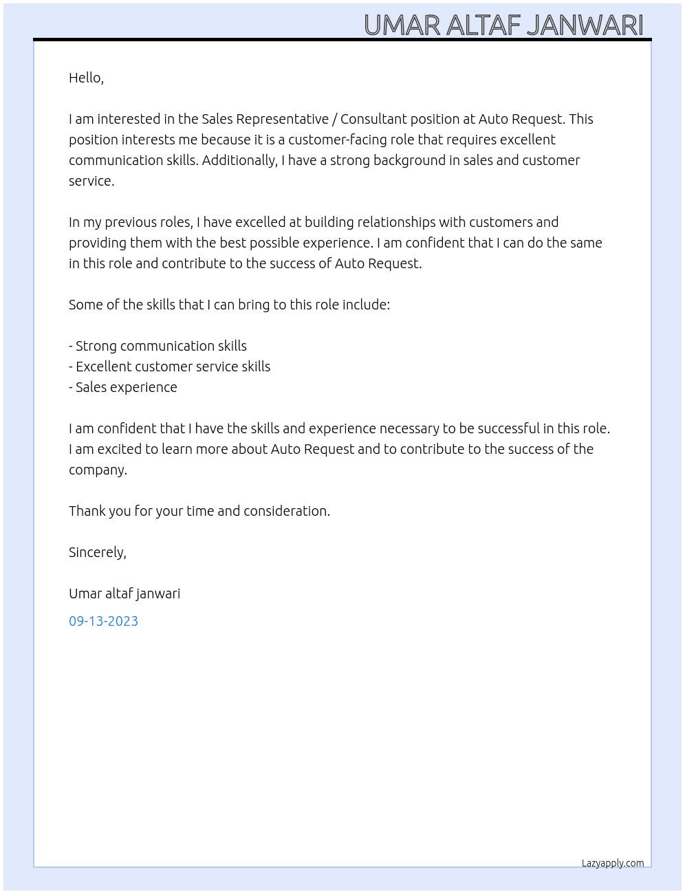 Sales Representative / consultants At Auto request Cover Letter