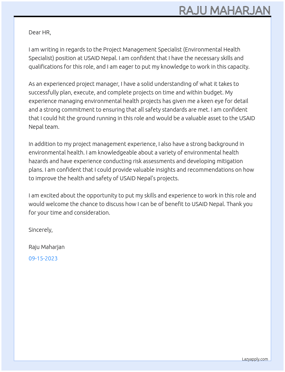 Project Management Specialist (Environmental Health Specialist) At USAID NEPAL Cover Letter