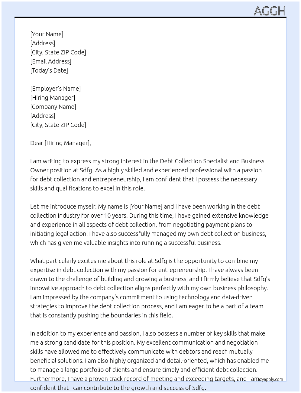Debt collection specialist and business owner  At Sdfg Cover Letter