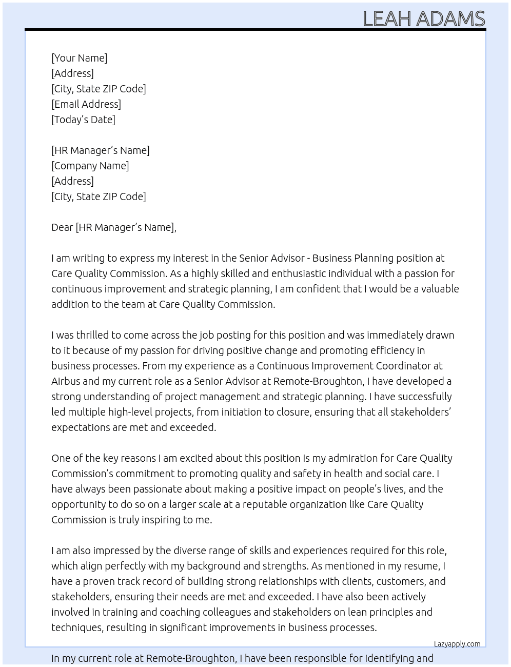 Senior Advisor - Business Planning At Care Quality Commission Cover Letter