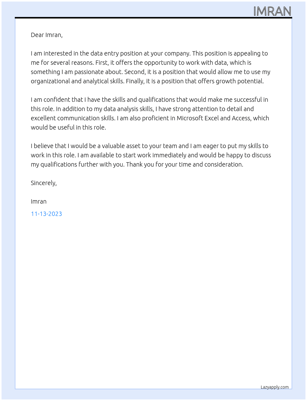 Data Entry At imran Cover Letter