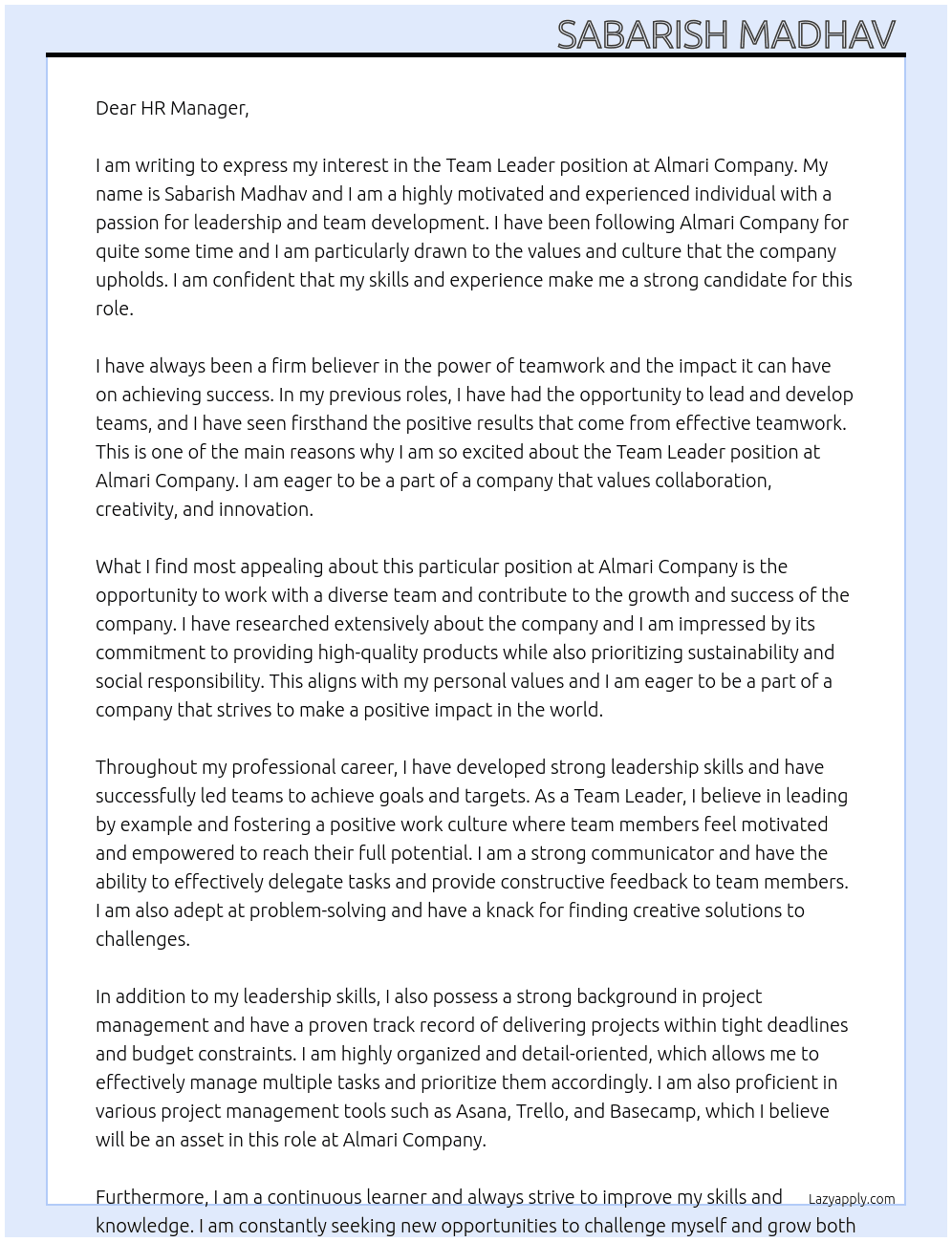 Team leader  At Almari company  Cover Letter