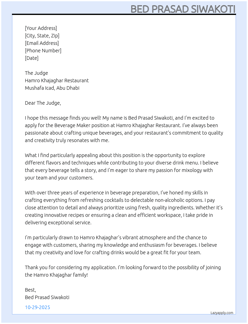 Cover letter for beverage maker - LazyApply