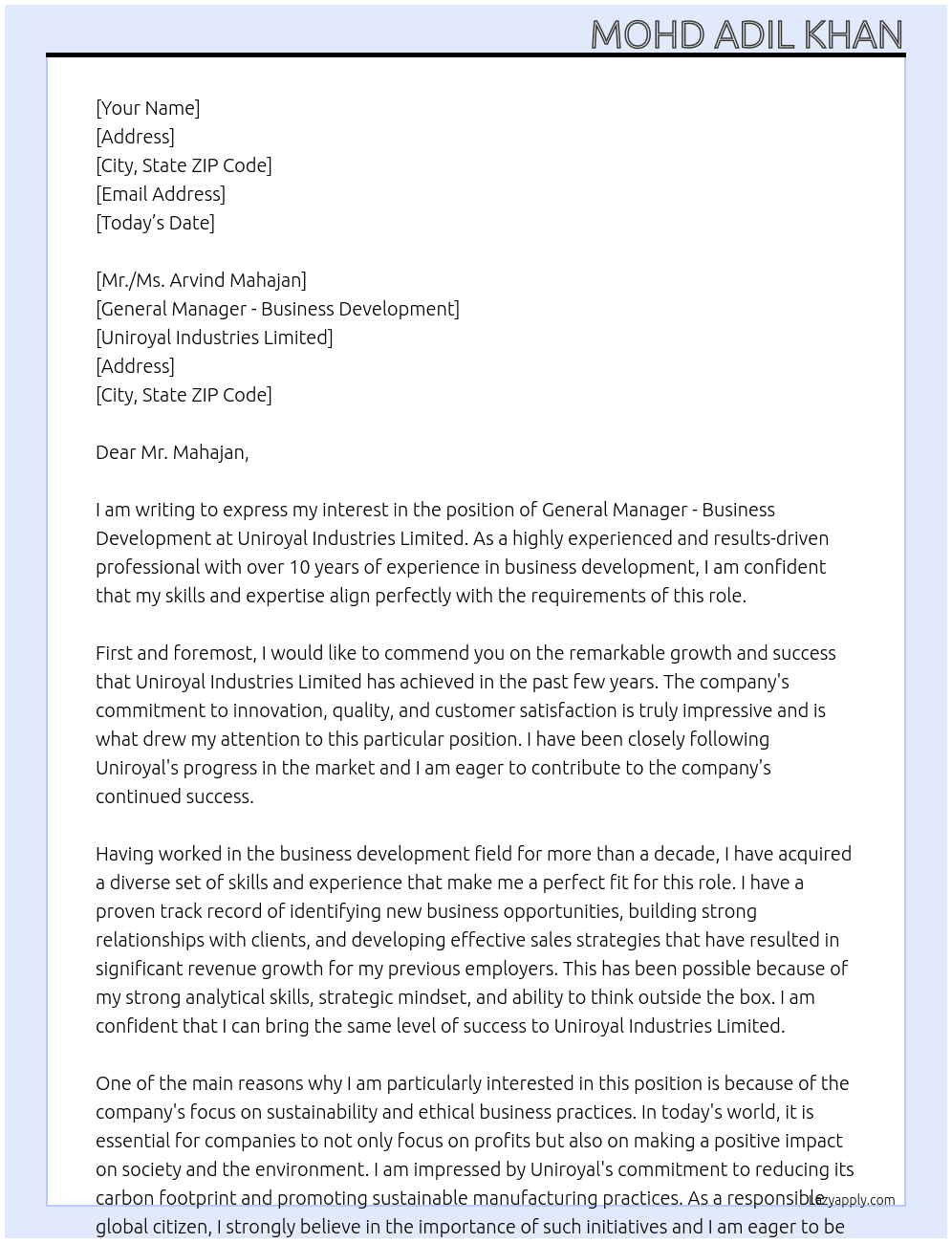 General Manager - Business Development At Uniroyal Industries Limited Cover Letter
