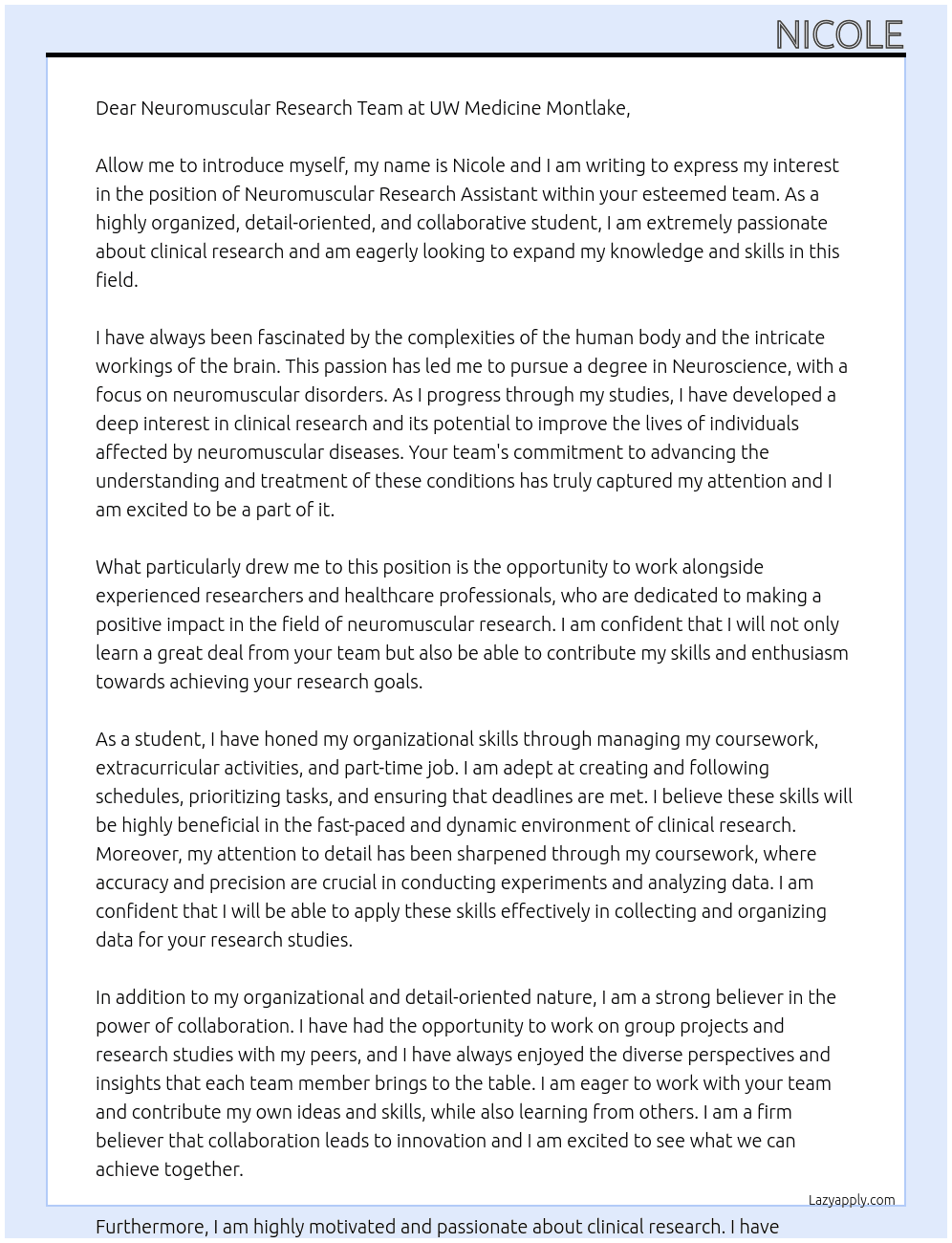 neuromuscular research assistant At neuromuscular research team at UW Medicine Montlake Cover Letter