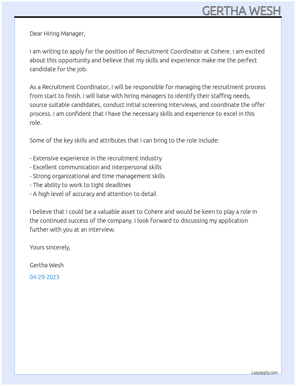 Recruitng Coordinator At Cohere Cover Letter