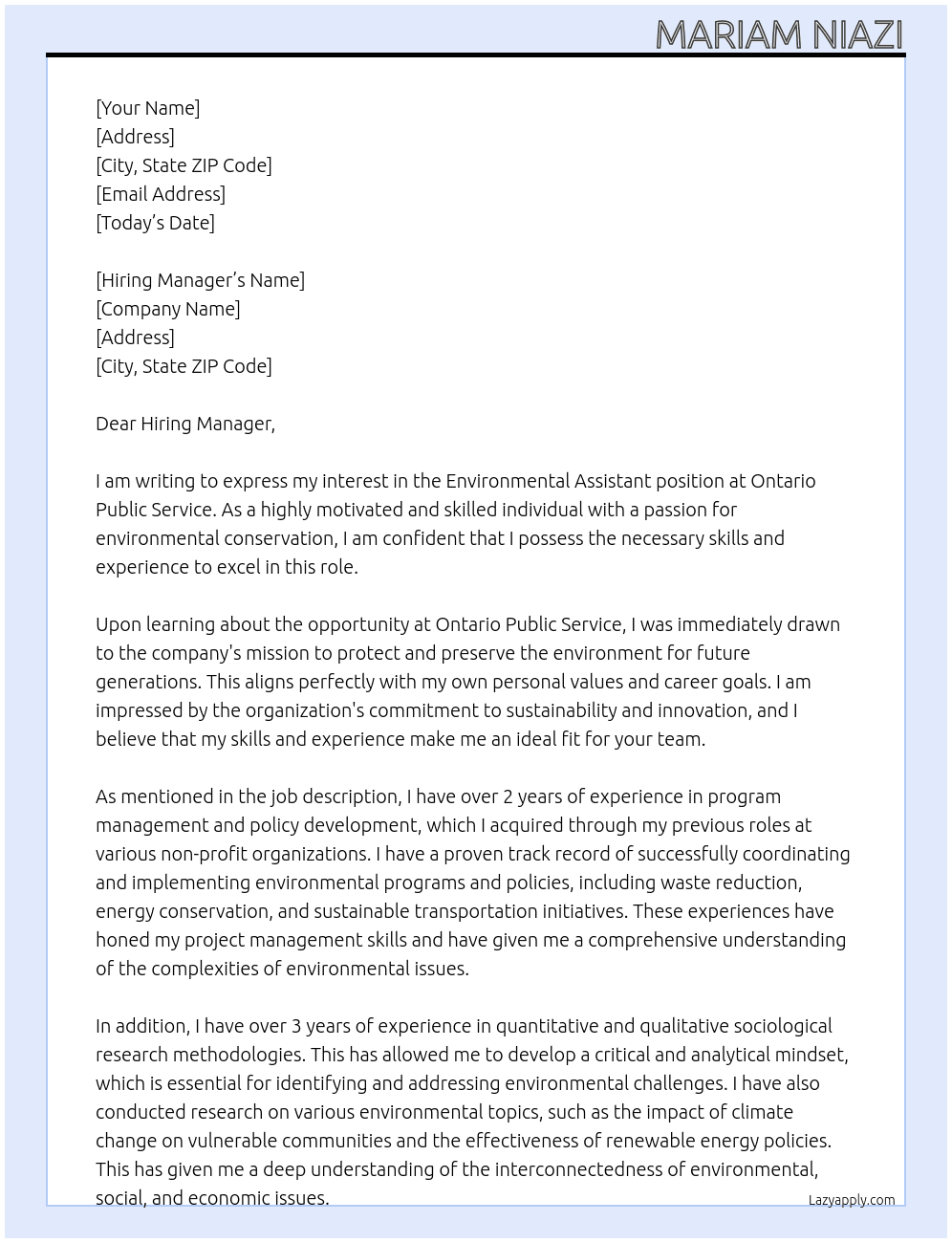 Environmental Assistant At Ontario Public Service Cover Letter
