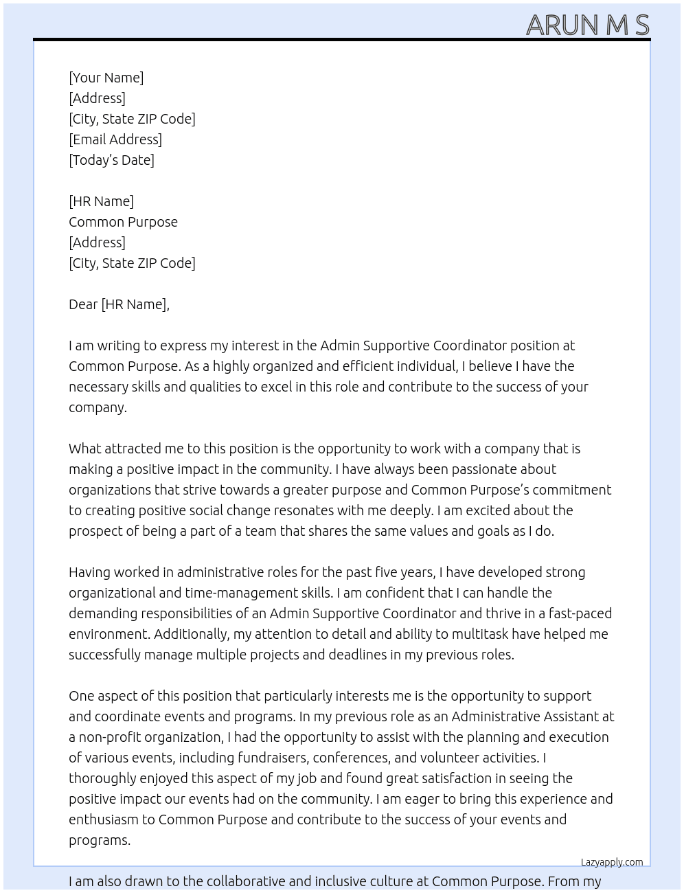 Admin supportive co ordinate  At Common purpose  Cover Letter
