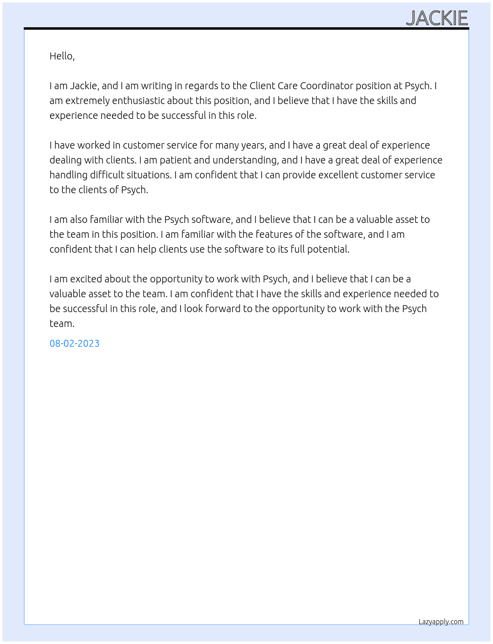 Client Care coordinator At psych Cover Letter