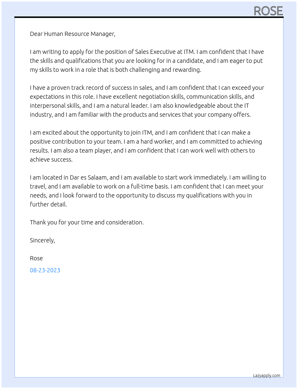 Sales Excecutive At ITM Cover Letter