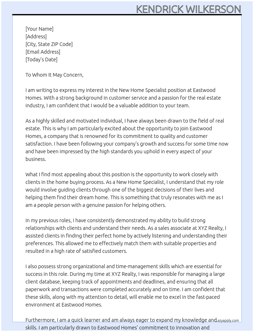 New Home Specialist At Eastwood Homes Cover Letter