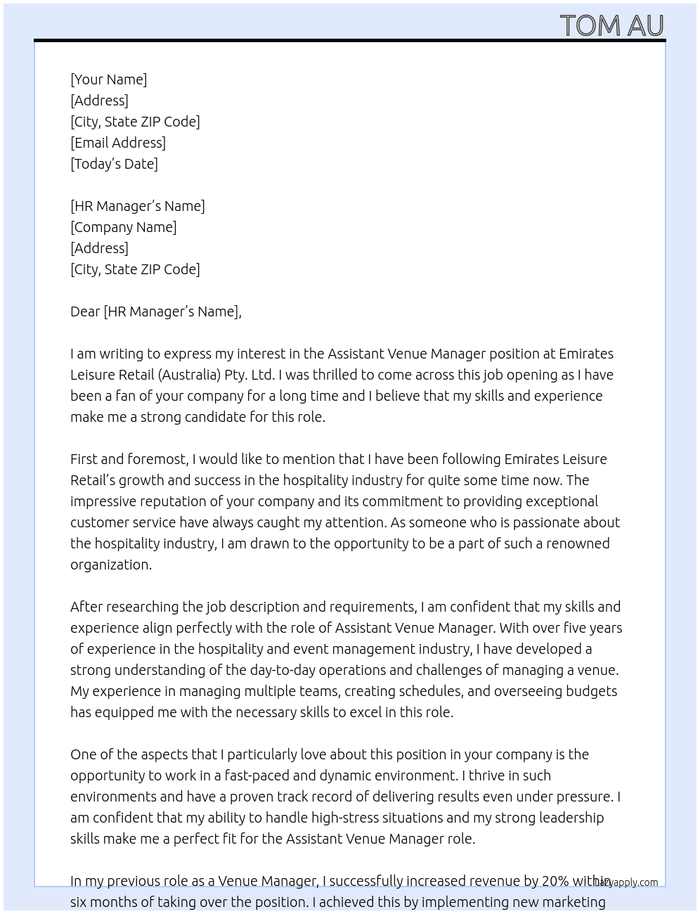 Assistant Venue Manager At Emirates Leisure Retail (Australia) Pty. Ltd. Cover Letter