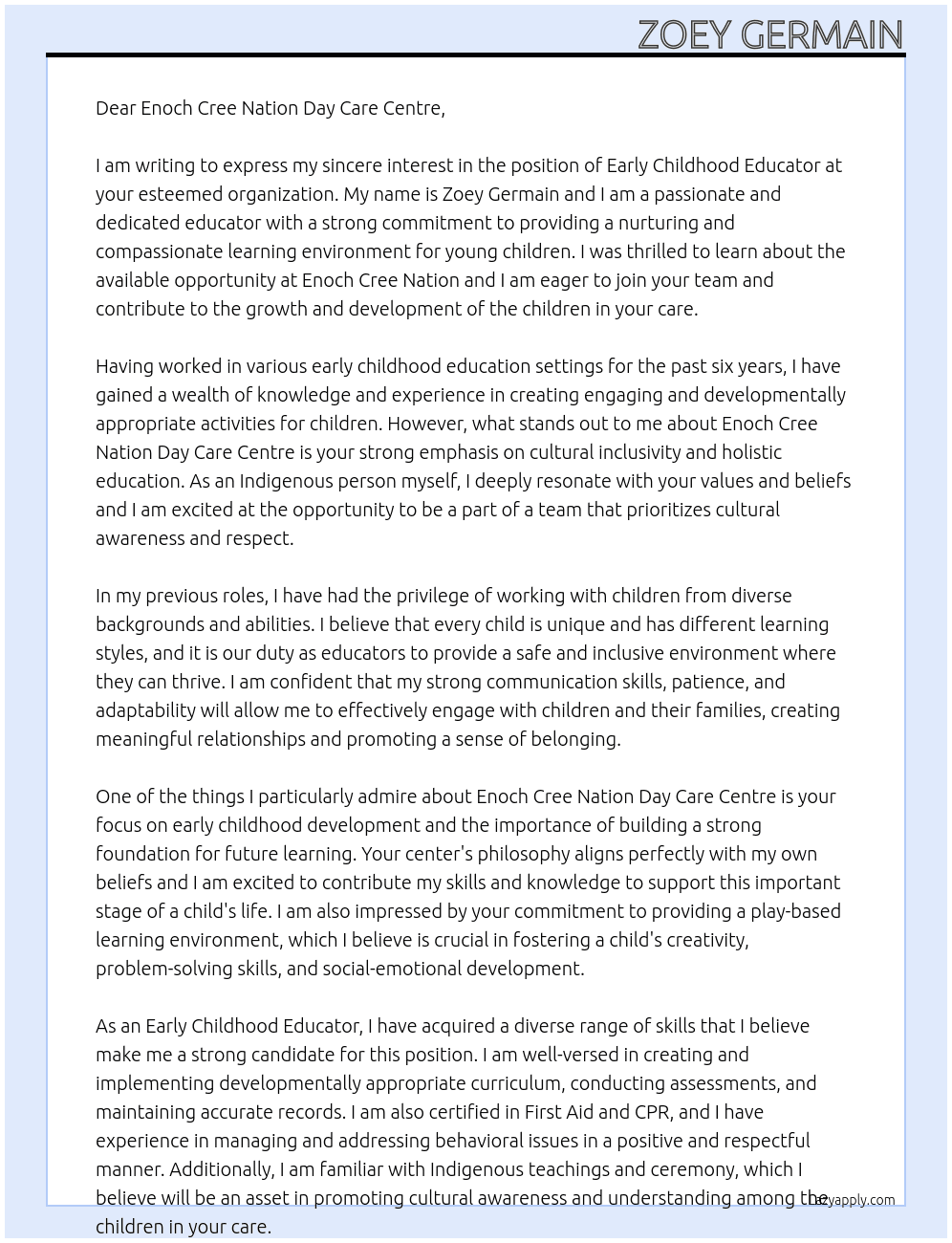 Early Childhood Educator At Enoch Cree Nation Cover Letter