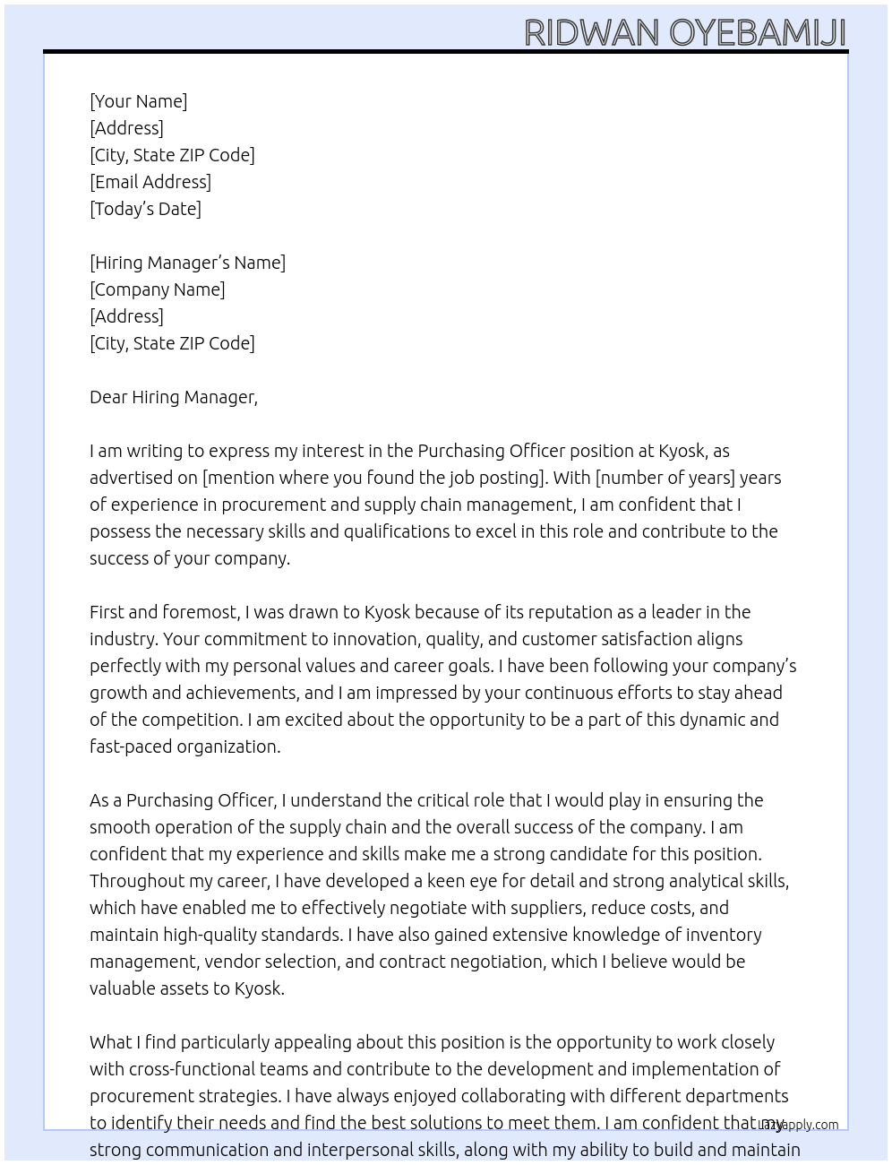 Purchasing Officer At Kyosk Cover Letter