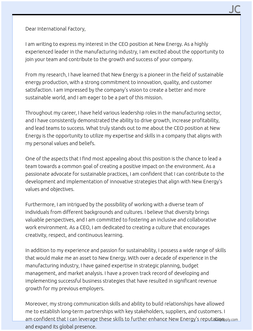 CEO At new energy  Cover Letter