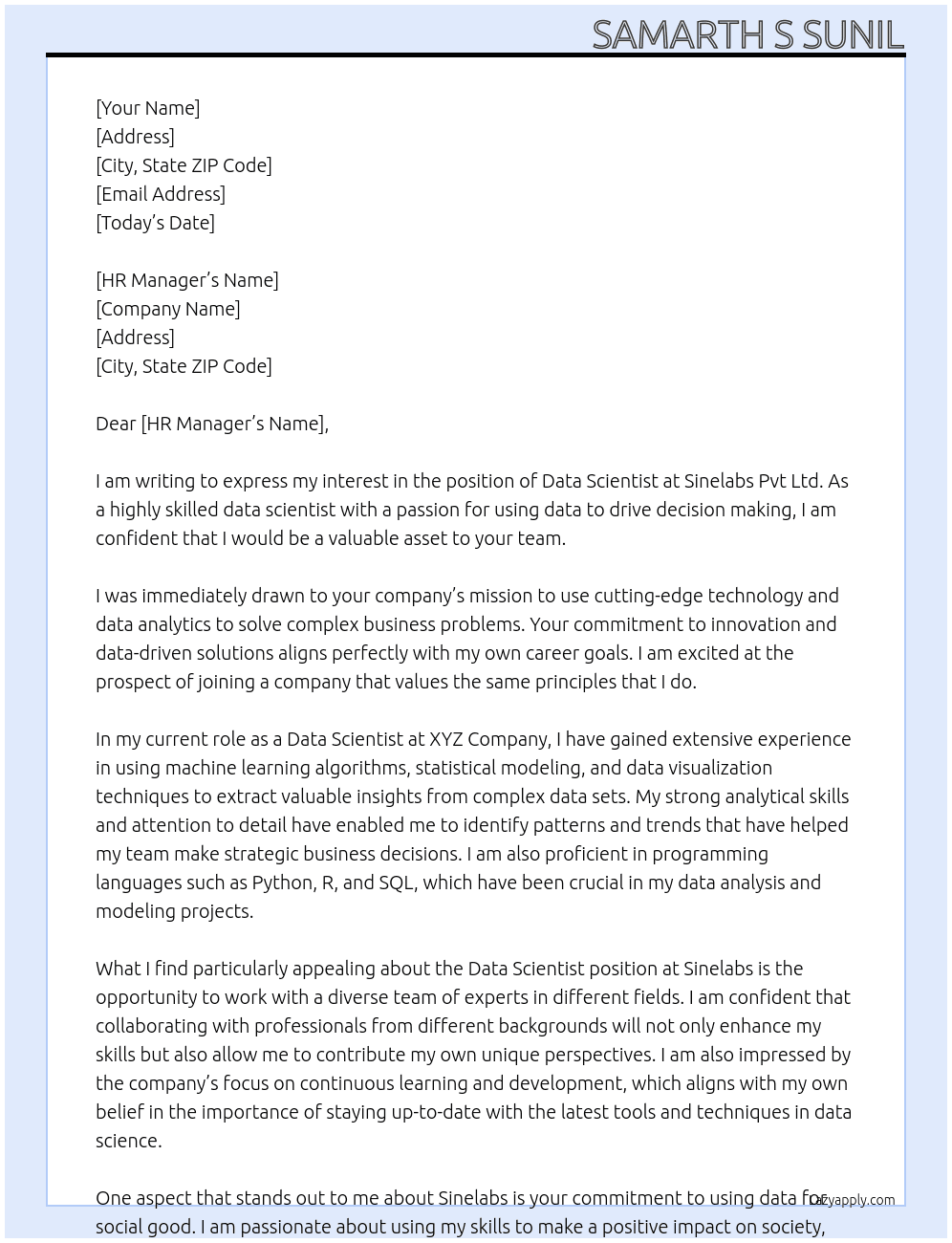 data scientist At sinelabs pvt ltd Cover Letter