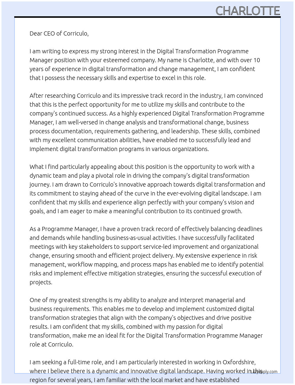 Digital transformation programme manager At Corriculo Cover Letter