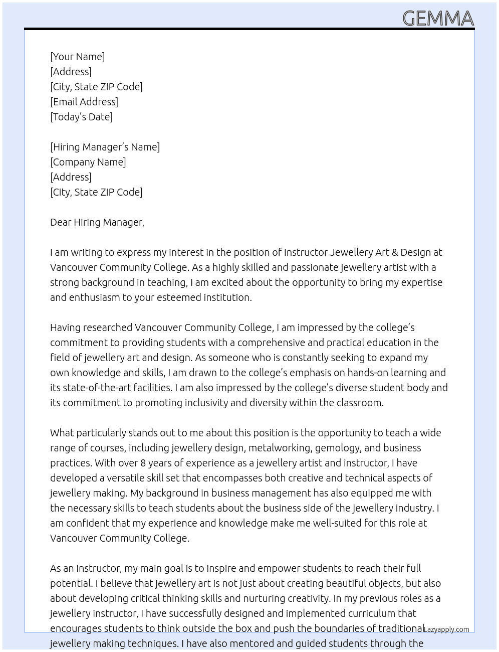 Instructor Jewellery Art & Design At Vancouver Community college Cover Letter