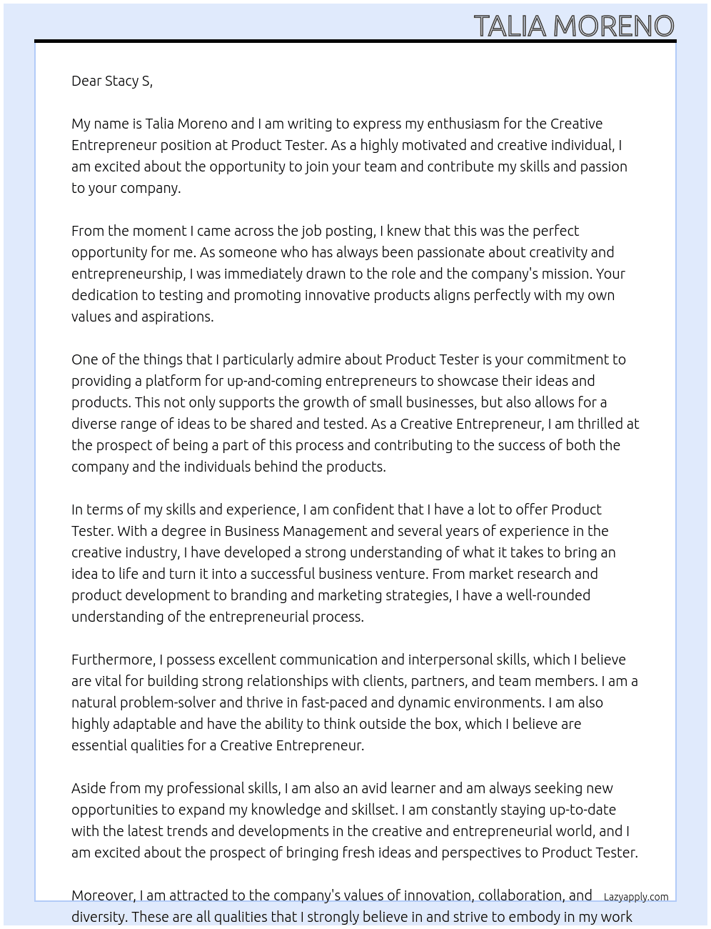 Creative Entrepreneur At Product Tester Cover Letter