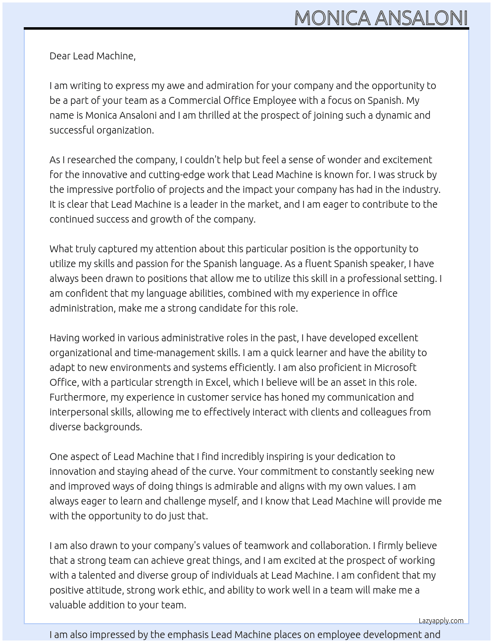 Commercial office employee (Spanish) At Lead Machine Cover Letter