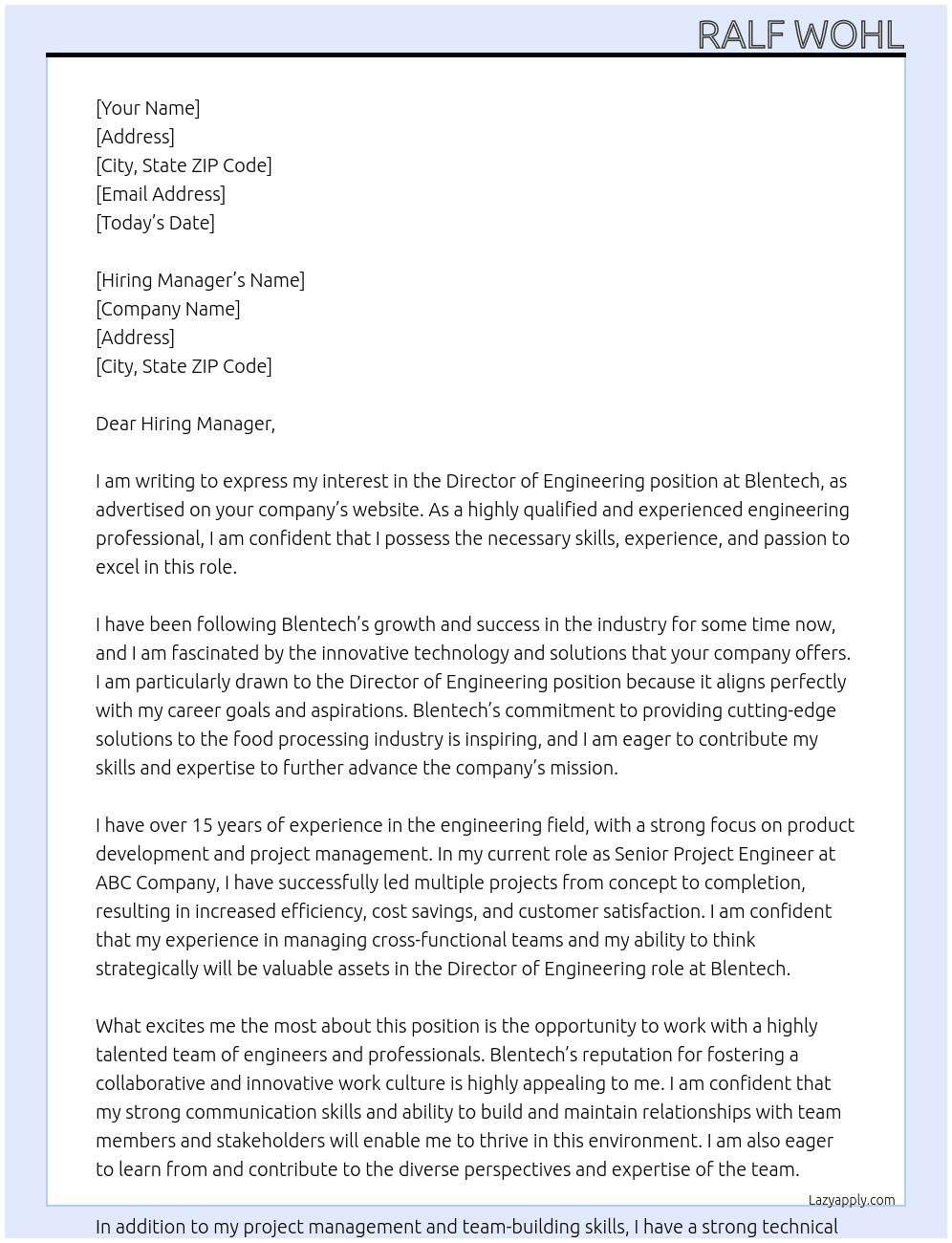 Director of Engineering At Blentech Cover Letter