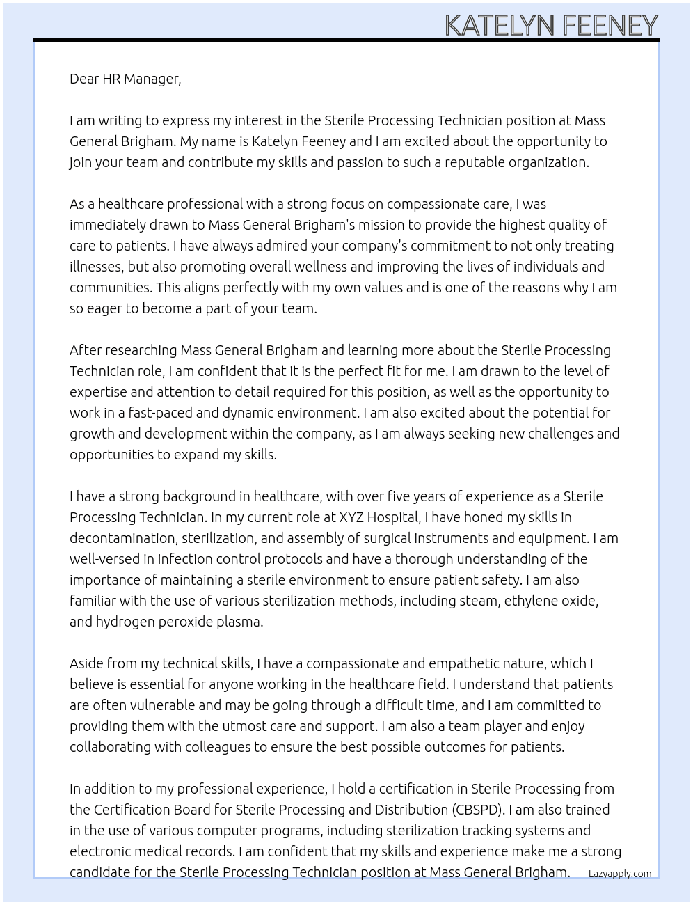 sterile processing technican At Mass General Brigham Cover Letter