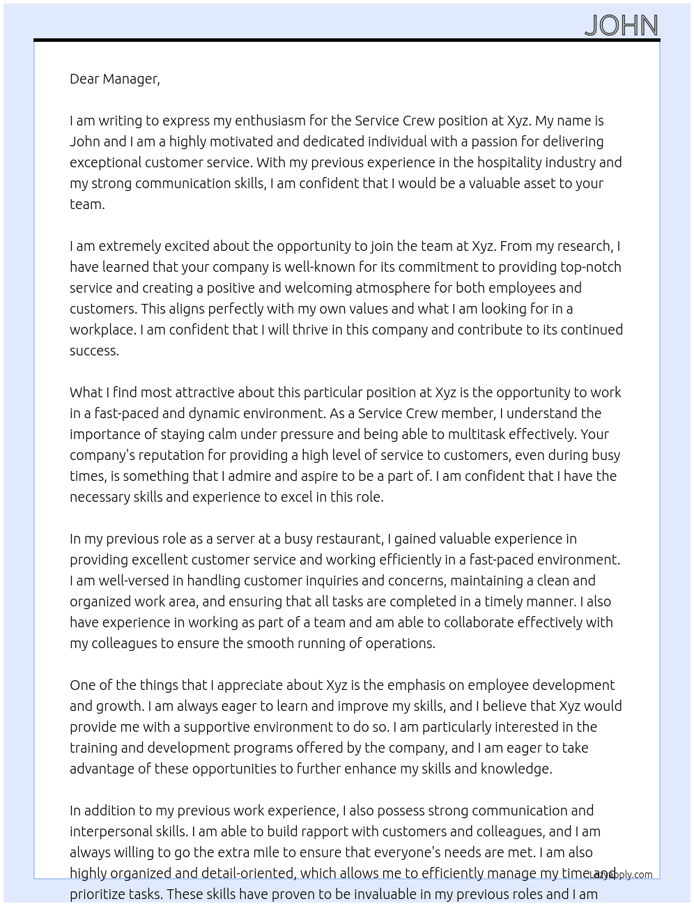 Service Crew At Xyz Cover Letter