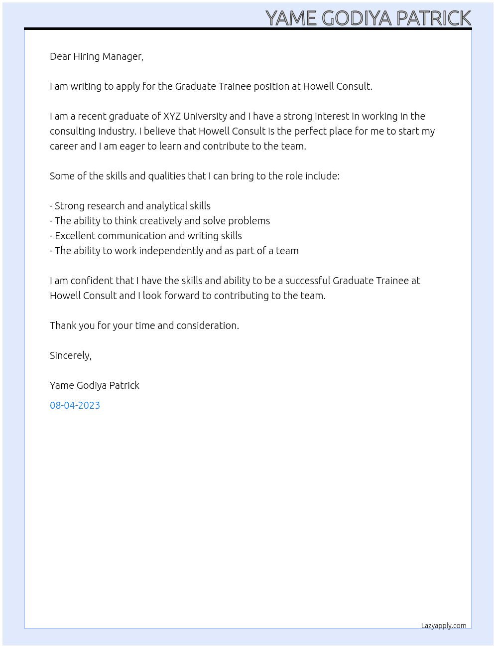 Graduate Trainee At Howell Consult Cover Letter