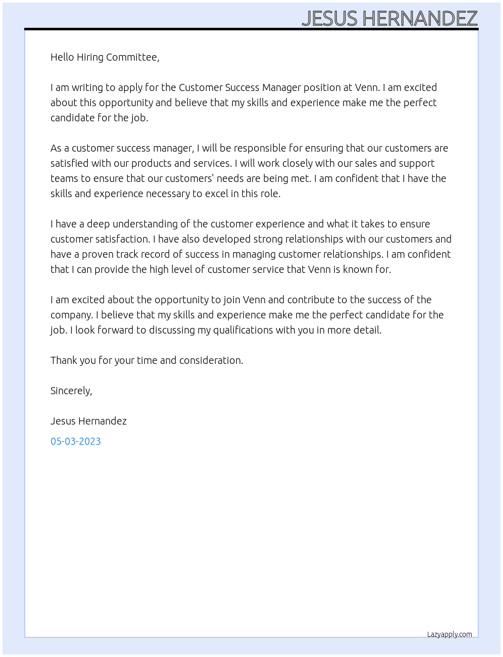 Customer Success Manager  At Venn Cover Letter