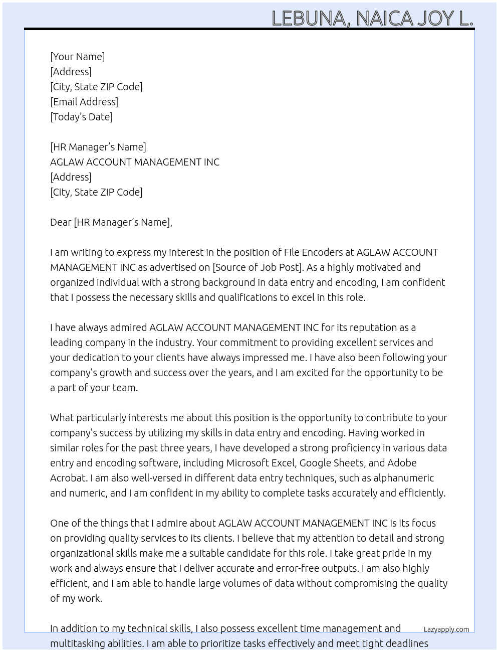 File Encoders At AGLAW ACCOUNT MANAGEMENT INC Cover Letter