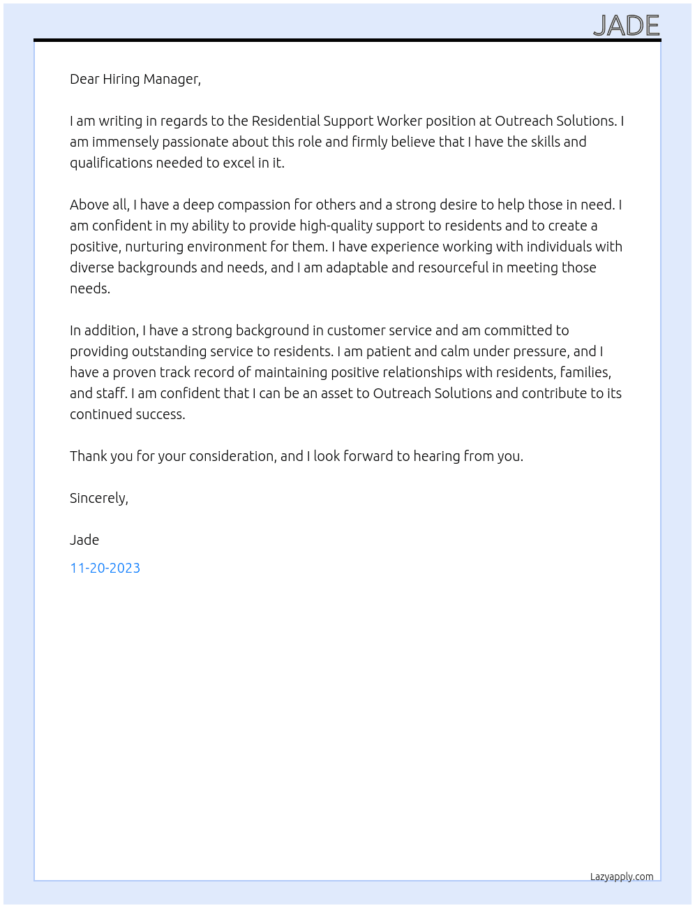 Residential Support Worker At Outreach Solutions Cover Letter