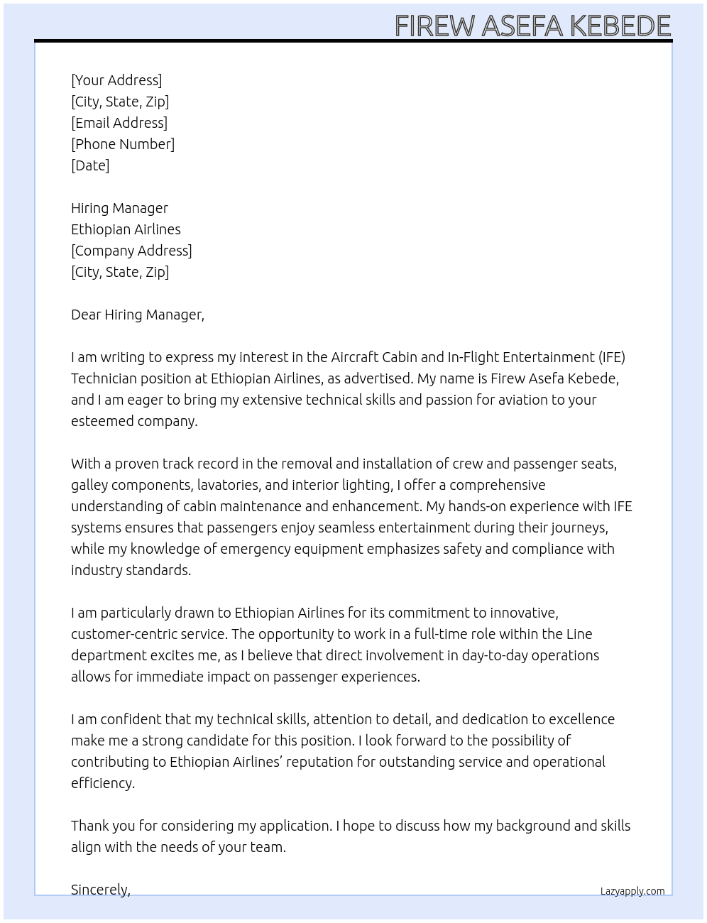 Aircraft Cabin and IFE Technician  At Ethiopian Airlines  Cover Letter