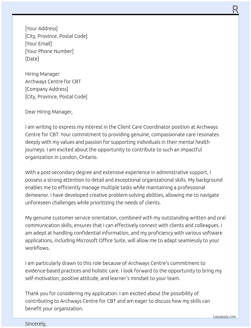 Client Care Coordinator At Archways Centre for CBT Cover Letter
