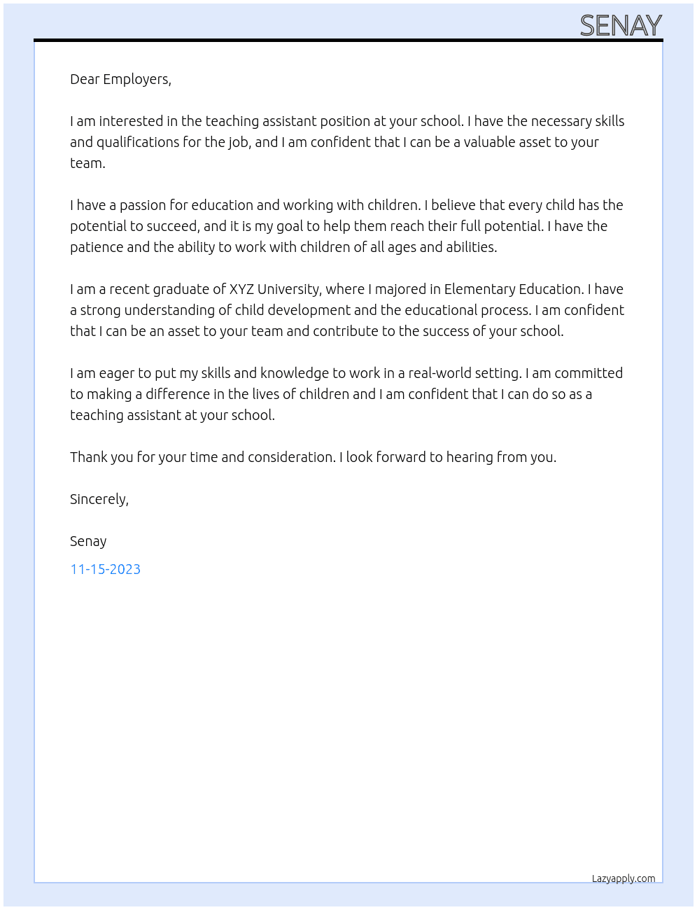 teaching assistant At Schools Cover Letter